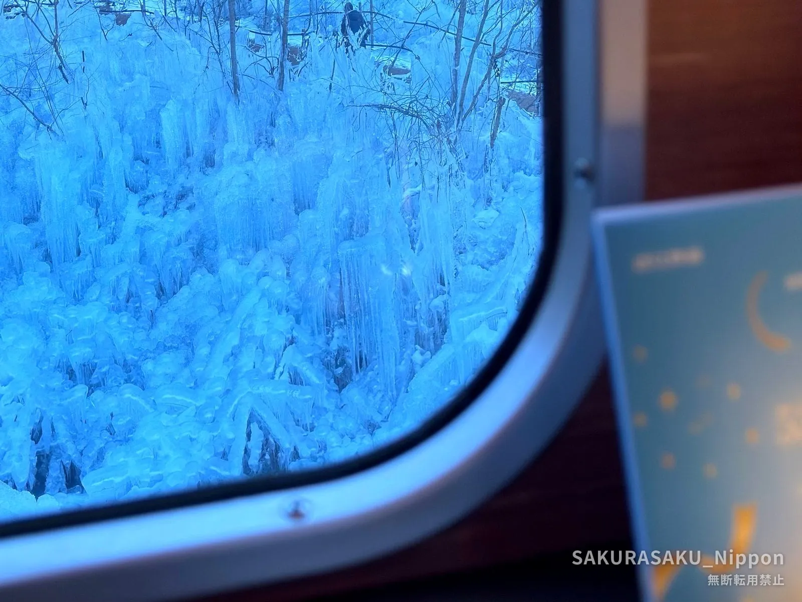 Blue-lit icicles on a wooded slope, seen through the rounded window of a train standing at Ashigakubo